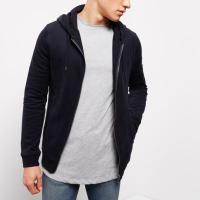 Navy blue casual zip front hoodie